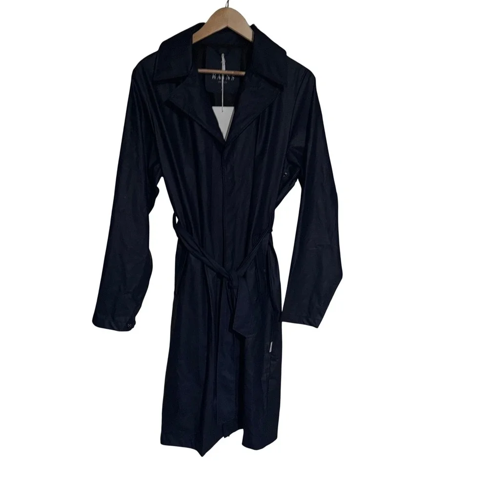 RAINS Navy Waterproof Belted Trench Raincoat M/L NWT Scandinavian Minimalist